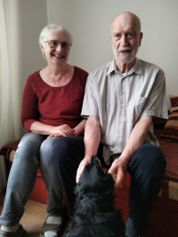 Radmila Pavlisová and František Pavlis with dog Bety at home in Plzeň, 5 August 2024