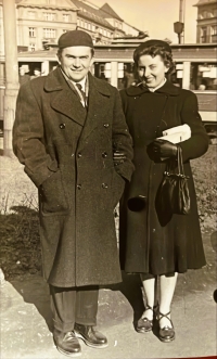 Marie Čálková with her husband on a walk, Dejvice, 1950s