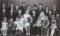 Family photo from the wedding of Miroslav and Lydia Pospíchalovi, on the right of the groom are his parents, 1962