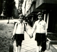 Daniela Ženatá on the left going to the first class, 1963