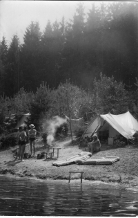 Camping while boating, circa 1970s