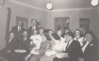 With her daughter Zdeňka and her husband in the bottom row, third from the right, welcoming ceremony for newborns, Kroměříž, 1959