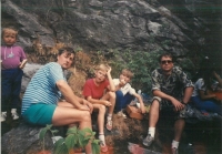 On the left with a friend and his children, Medlov, 1997