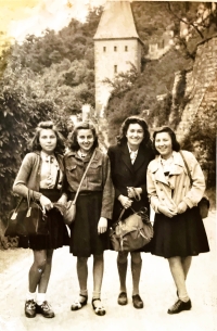 Marie Čálková and her friends on a trip, Karlštejn, 1940s