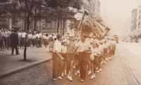 High School Games, Adolf Lick holding a flag, Prague, 1947