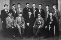 Conscripts from Slavkov from 1957. Standing from the left: Josef Sporek, Josef Kostera, Jan Hymlár, Václav Šenk, Volf Šašek, Antonín Najser, Zdenek Berger and Jan Gorčica. Seated from left: Josef Stuchlík, Jiří Ráb, MNV (Local NAtional Committee) chairman Alois Fus, Ladislav Hymlár and Jiří Vrbický