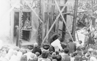 Raising the bell back to the church tower in Slavkov sometime between 1945-1951