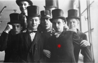 Forbidden singing of carols in borrowed theatre costumes at high school, 1959, witness marked with a star. The students were lucky to get away with it.