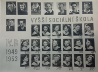 Photo board from the Higher Social School, Helena Šimůnková in the student section in the front row, third from the left