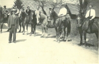 Blahomír, father of the witness on the left during a farmer ride, Prosečné, about 1952