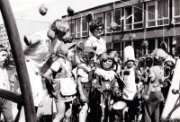 Alexandra Šmiřáková with children during a carnival in kindergarten in Krnov