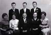 Family photo from 1963. Top, left to right: brothers Bohumír, Karel and Jan. Bottom, left to right: sisters Alexandra, Marie, father Matěj, mother Anna and sister Milada