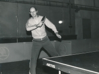 Rudolf Kulka playing table tennis in the hall of TJ Auto Škoda, Mladá Boleslav, 1983