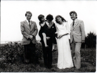 Ludvík Procházka's wedding on 21 August 1981. Witnesses on the sides, Ludvík's sister sitting on his back