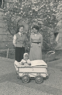 Ivan Nekuda (in pram) with his mother (left), Melnik, 1965