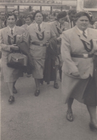 Witness's mother Marie Řídká (far left) at the 11th All-Sokol Meeting, 1948