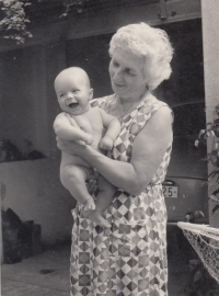 Witness's mother Marie Řídká with her grandson Pavel, 1968