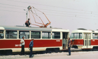 Work on a tram, Milan Vlcek on the right, Barnaul, Siberia, USSR, 1973