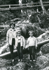 Jarmila Chovancová with her sons Stanislav and Jan in the White Opava valley in the Jeseníky Mountains, mid-1960s