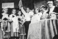 Performers from the play The Maid from the Suburbs by the Skřipov amateur theatre group (third from left Jarmila Chovancová), 1957