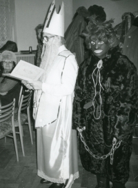 Jarmila Chovancová as St. Nicholas at the St. Nicholas gift of the Association of the Physically Handicapped from Hradec nad Moravicí in the cultural house in Branka u Opavy, 1980s