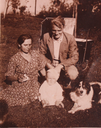 Marie Dostálová, Alois Dostál Sr., Alois Dostál Jr. and dog, 1933