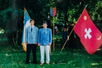 With his son Bohdan at the Polissia Sich Cossack camp in Zhytomyr, 1996