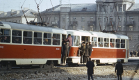 Centre in rush hour, Barnaul, Siberia, USSR, 1973