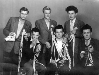 Conscripts on the day of conscription into the Czechoslovak People's Army in 1957. Karel Matuška first from the right