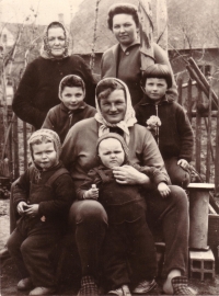 From bottom left: Jaroslava and Eva Trčková, Jaroslava Trčková, Karla and Alena Trčková, Růžena and Karolína Trčková in Třebsko, 1963