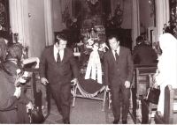 Grandson Zdeněk Siblík and son Petr Trčka during Růžena Trčková's funeral in the Holy Trinity Church in Třebsko, 10 July 1986