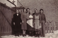 Petr Trčka (second left) and Karolina Hosnedlová's wedding, L to R: Růžena Trčková, Růžena Siblíková, R to L: Helena Hosnedlová, Karolina and Karel Hosnedls, maid Baštářová in white apron, Kolinec 47, February 1953