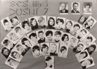 Photo board of the Secondary School of Economics in Dušní 7, Prague 1. The witness fourth row, second from the right, Prague, 1968