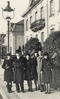 A walk of forced Czech women and men around the city, the witness third from the left, Bamberg, 1944