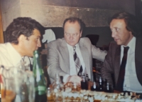 Bohumil Kožela on the left, Felix Slováček on the right, in the Malenov castle cellar