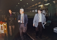 Bohumil Kožela (right) showing the Bat'a factory to Tomáš Bat'a Jr., March 1994