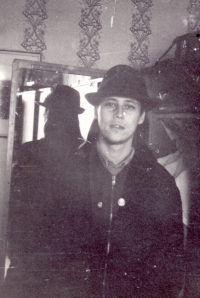 Ivan Bačina in the hat of his friend Ladislav Dolejší's father, 1980s