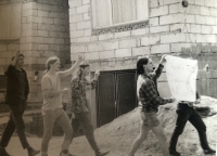 Transparent "Republice tepla více, ať zabarví se nám líce" ("Republic of Warmth more, let our cheeks be coloured") - one of the recessions of the "weekend youth" on the farm in Křepice, 1980s