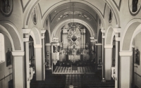 Interior of the church in Hradec (later renamed Hradec nad Moravicí) from the period before the World War II. Photo on postcard, 'landscape' format