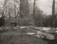 Space next to the house number 1968 'on the playground' in Hradec. In the background a footbridge over a stream and around pieces of ice after a flood sometime between 1947 - 1949