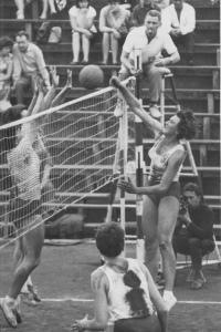 Irena Tichá (right, smiling) during a match, Jablonec nad Nisou, 1970s