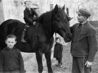 Gerhold Kostelník on the left, with his father Ludvík and brother Vilibald. Hať, second half of the 1940s