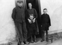 Gerhold Kostelník on the right, with his mother Anna, father Ludvík and brother Vilibald. Hať, second half of the 1940s