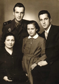 Family photo of the Kvapil family - mother Růžena Kvapilová on the bottom left, younger brother Jan above her, sister Růžena next to him and Andělín Kvapil on the right, ca. 1950s