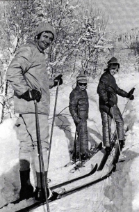 Jan Malypetr with children on cross-country skis, Antonínov, 1977