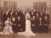 Photograph from the wedding of Josef and Emma Langr, on the left of the groom his parents Jan and Anna Langr, behind the groom on the left General Radola Gajda, on the right of the bride her parents Alois and Anežka Fryček, Mr. parish priest Doležal, 1940