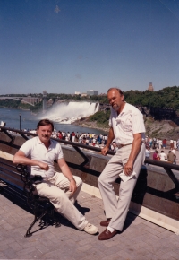 Petr Langr (right) with his cousin Adolf Toman in Toronto, spring 1989