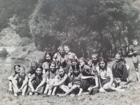 Ourania Romanopoulou (fourth from right) with Greek children at the pioneer camp of Sláva Horník in Soběšín