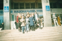 History students at the main entrance to Donetsk National University, 2001