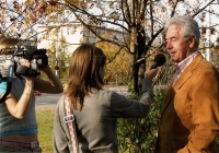 Interview with reporters at the unveiling of J. Švehla statue